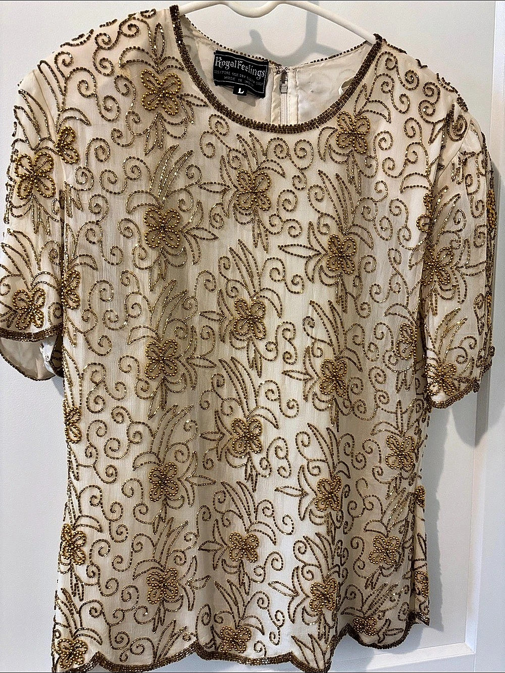Royal Feelings Floral Beaded Blouse in White & Gold Size Large